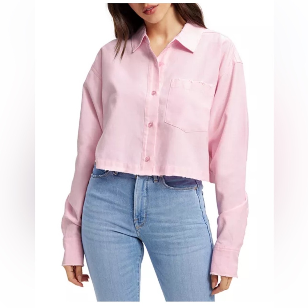 Good American distressed cropped oxford shirt size 2 pink